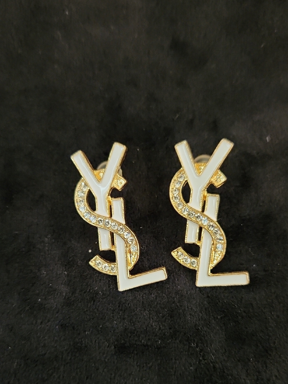 Gold-tone Enamel YSL Logo Earrings with Crystals